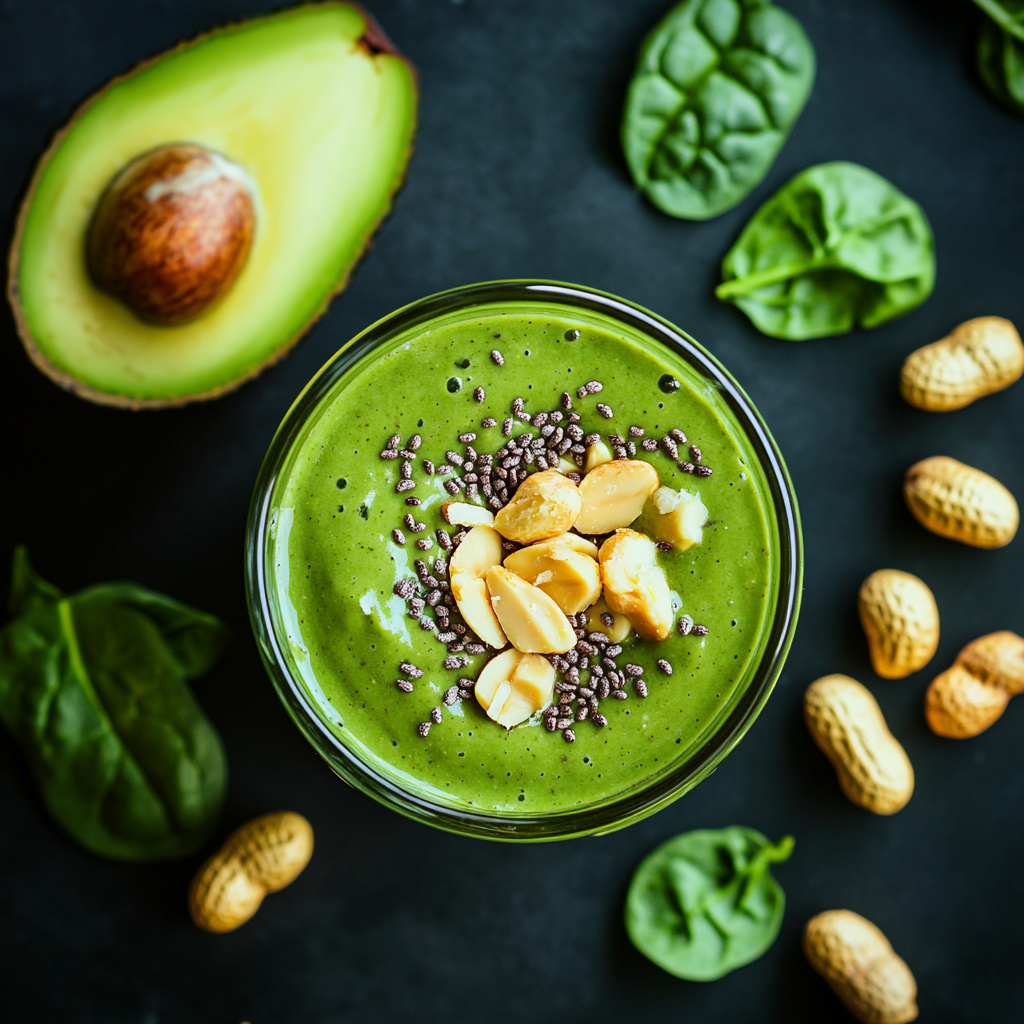 Nutritious avocado spinach smoothie topped with chia seeds and crushed peanuts, offering a creamy and healthy breakfast option ideal for a weight loss smoothie for breakfast. 