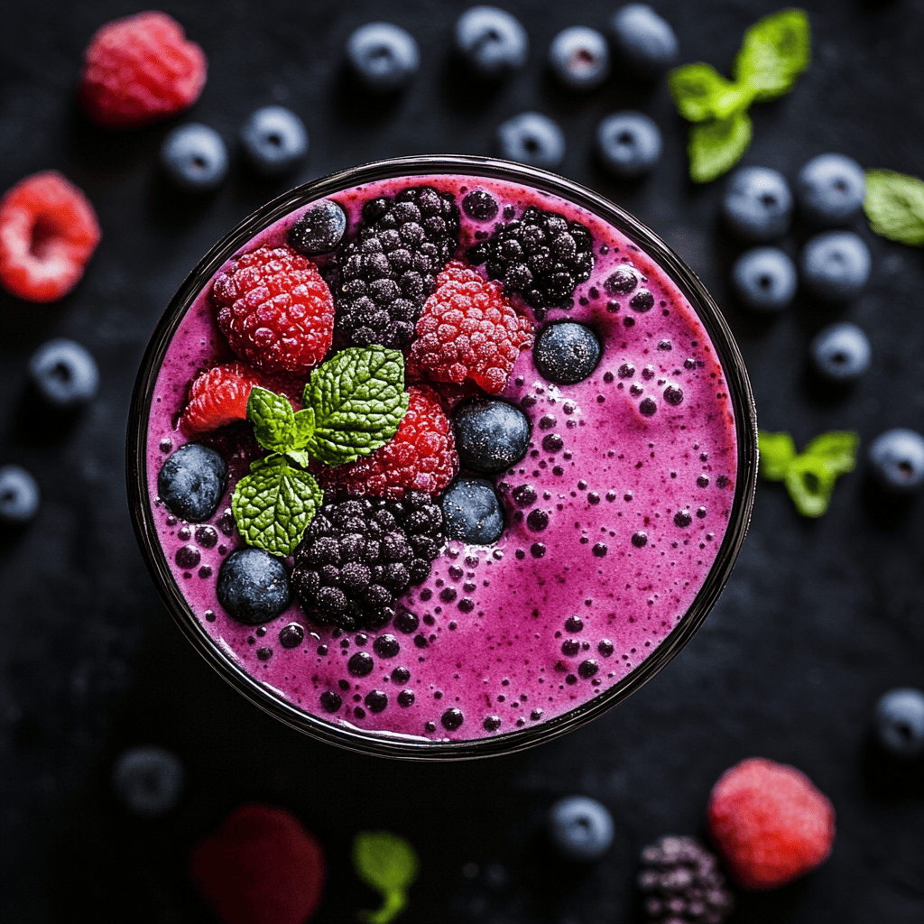 Vibrant berry protein smoothie topped with fresh raspberries, blackberries, and blueberries, perfect for a tasty and nutritious weight loss breakfast.