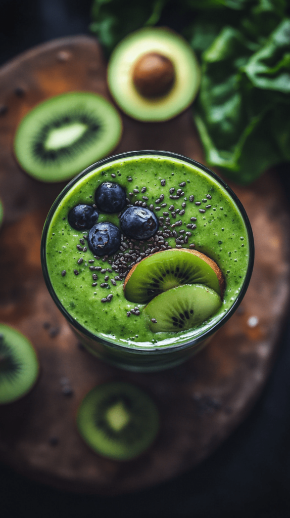 Vibrant green smoothie made with fresh kiwi, avocado, and spinach, topped with chia seeds and blueberries—an ideal choice for a healthy weight loss smoothie for breakfast.