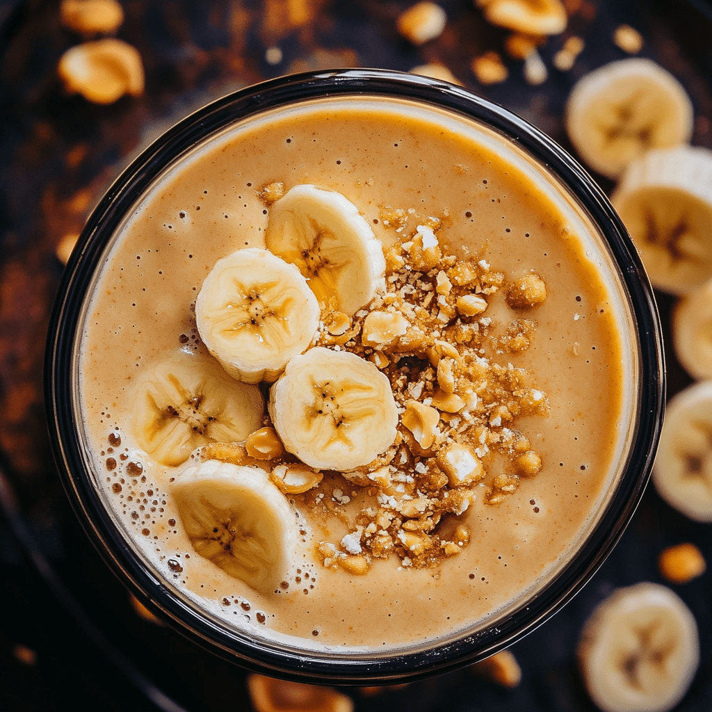 Indulgent peanut butter banana smoothie topped with fresh banana slices and crushed nuts, offering a rich and satisfying breakfast option perfect for weight loss.