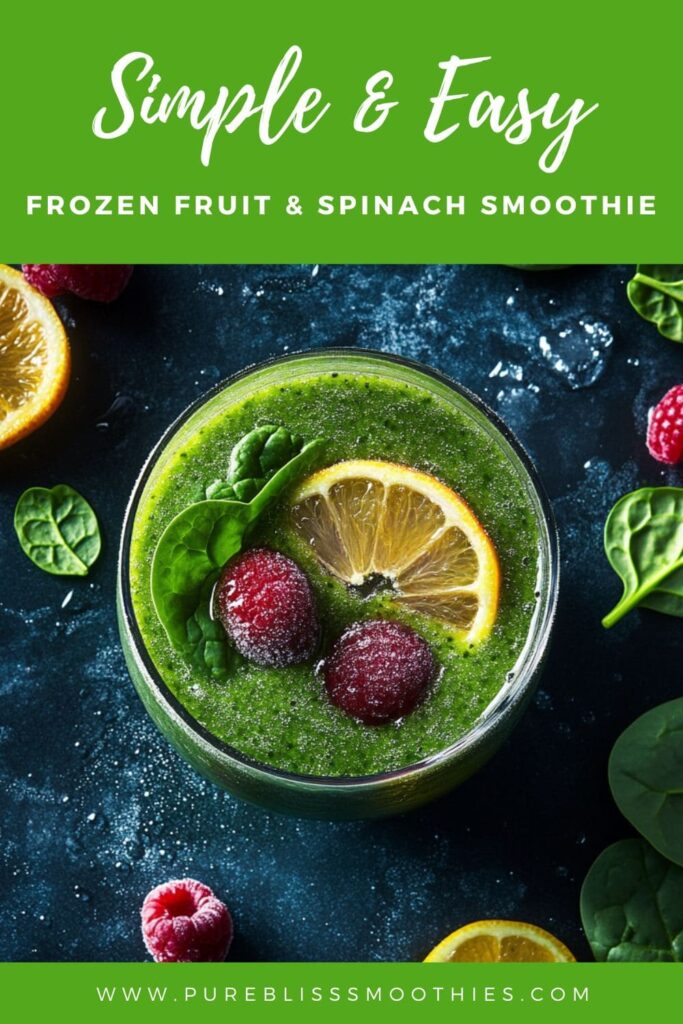 Simple and easy frozen fruit and spinach smoothie in a glass, garnished with a lemon slice, frosty raspberries, and fresh spinach leaves, set against a dark background with vibrant colors, promoting a healthy and delicious drink.