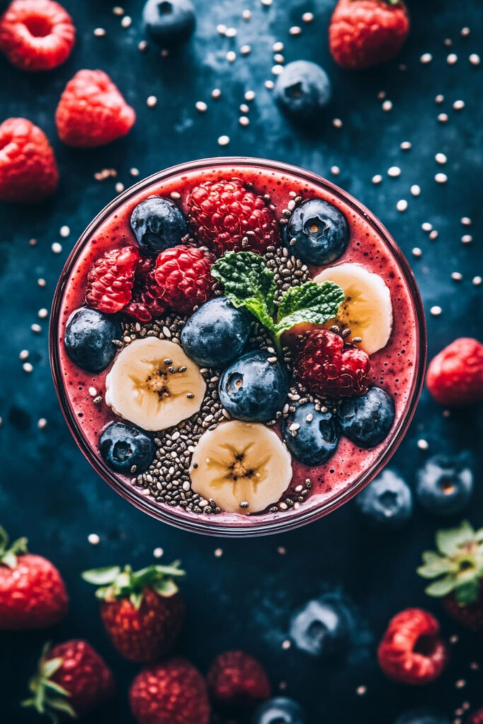 Colorful berry smoothie bowl topped with fresh blueberries, raspberries, banana slices, chia seeds, and a sprig of mint, offering a vibrant and healthy breakfast option.