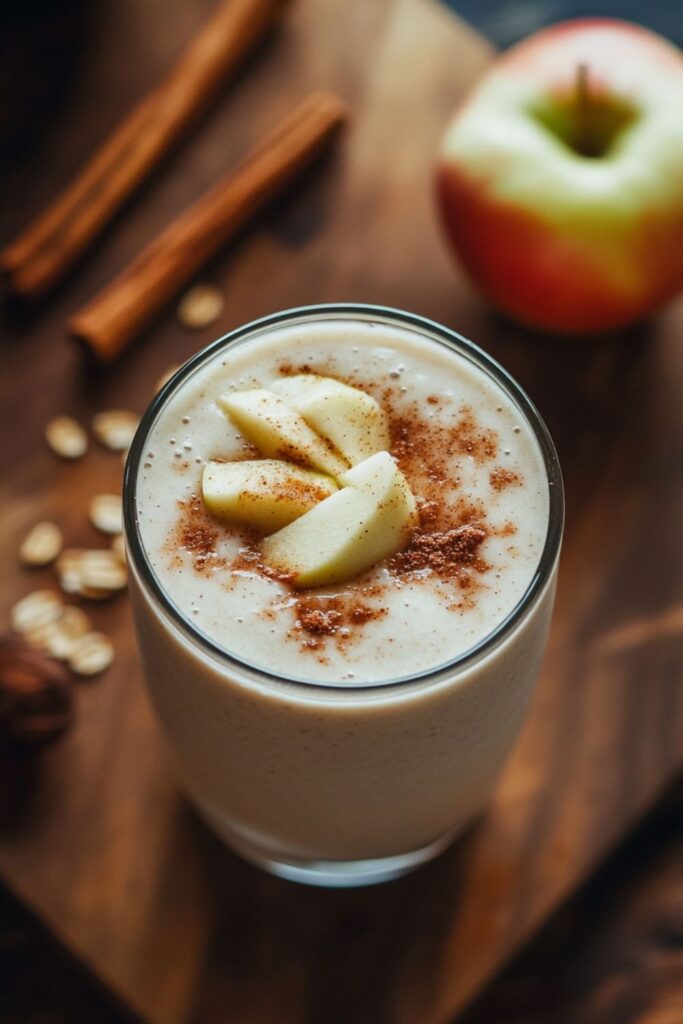 Cozy Apple Cinnamon Oatmeal Smoothie Topped with Fresh Apple Slices and a Sprinkle of Cinnamon – A Warm and Comforting Vegan Smoothie Recipe that Tastes Like Apple Pie in a Glass