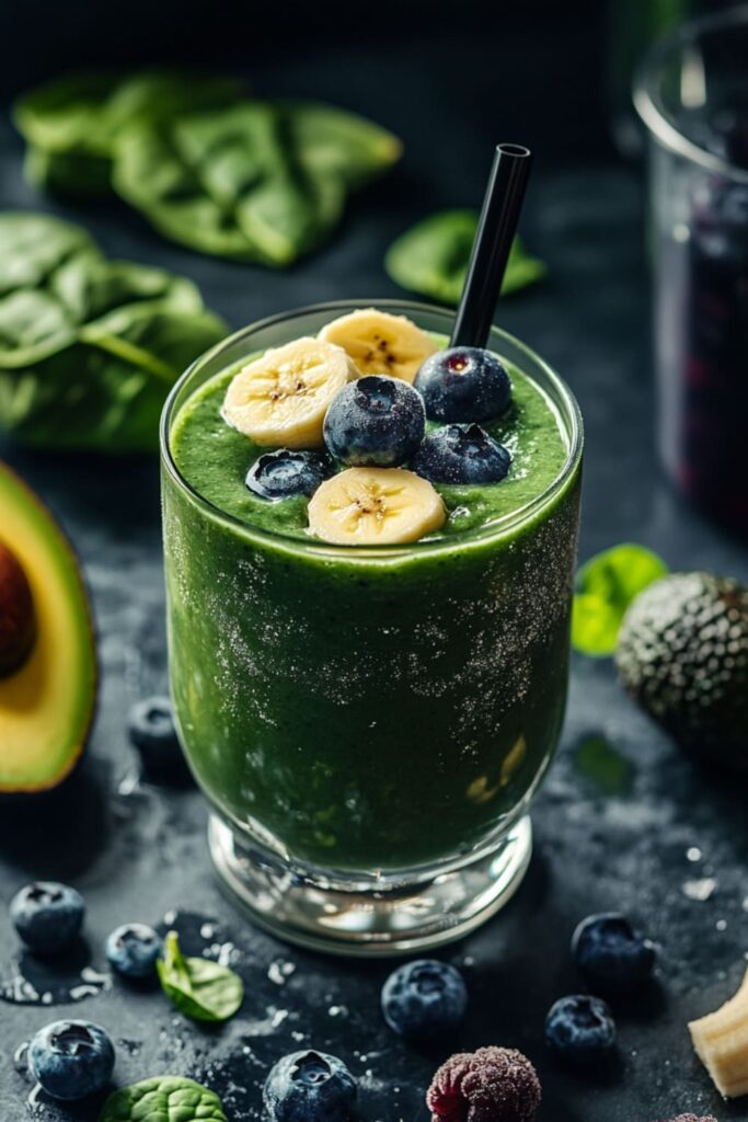 A refreshing avocado banana spinach blueberry smoothie served in a glass, topped with fresh banana slices and blueberries, with spinach leaves, blueberries, and half an avocado scattered around the background.