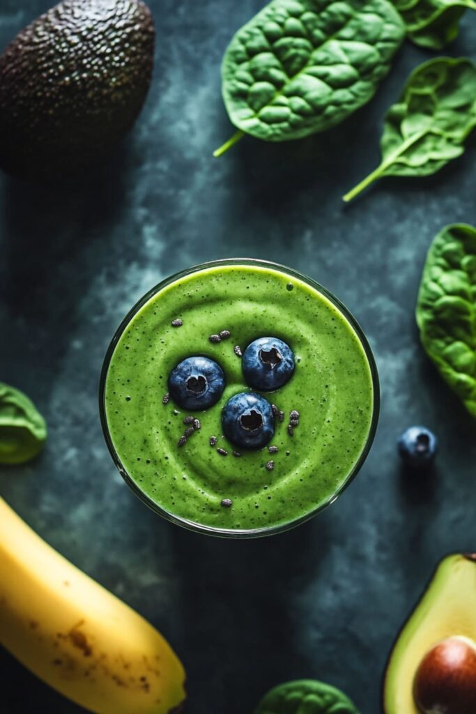 A vibrant green avocado banana spinach blueberry smoothie in a glass, topped with fresh blueberries and chia seeds, surrounded by fresh spinach leaves, an avocado, a banana, and a single blueberry on a dark surface.