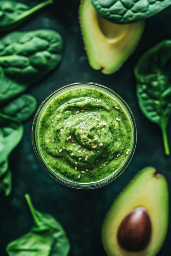 Nutritious Avocado Spinach Power Smoothie Sprinkled with Sesame Seeds – A Creamy and Energizing Recipe Packed with Healthy Fats and Leafy Greens for a Perfect Start to Your Day