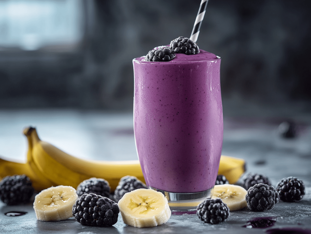  "A vibrant purple banana and blackberry smoothie served in a glass with a striped straw, topped with fresh blackberries. Surrounding the glass are sliced bananas and blackberries, with a blurred background featuring a whole banana, creating a fresh and inviting presentation.