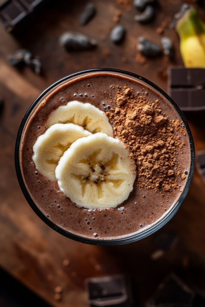 Decadent banana chocolate smoothie, topped with banana slices and a dusting of cocoa powder, surrounded by chunks of dark chocolate, offering a rich and indulgent treat.