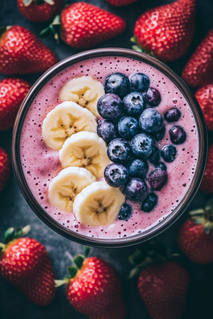 Top view of a vibrant berry banana smoothie bowl, topped with fresh banana slices and blueberries. The rich pink smoothie contrasts beautifully with the surrounding whole strawberries, creating an appetizing, healthy, and very low-calorie breakfast or snack option perfect for weight loss.