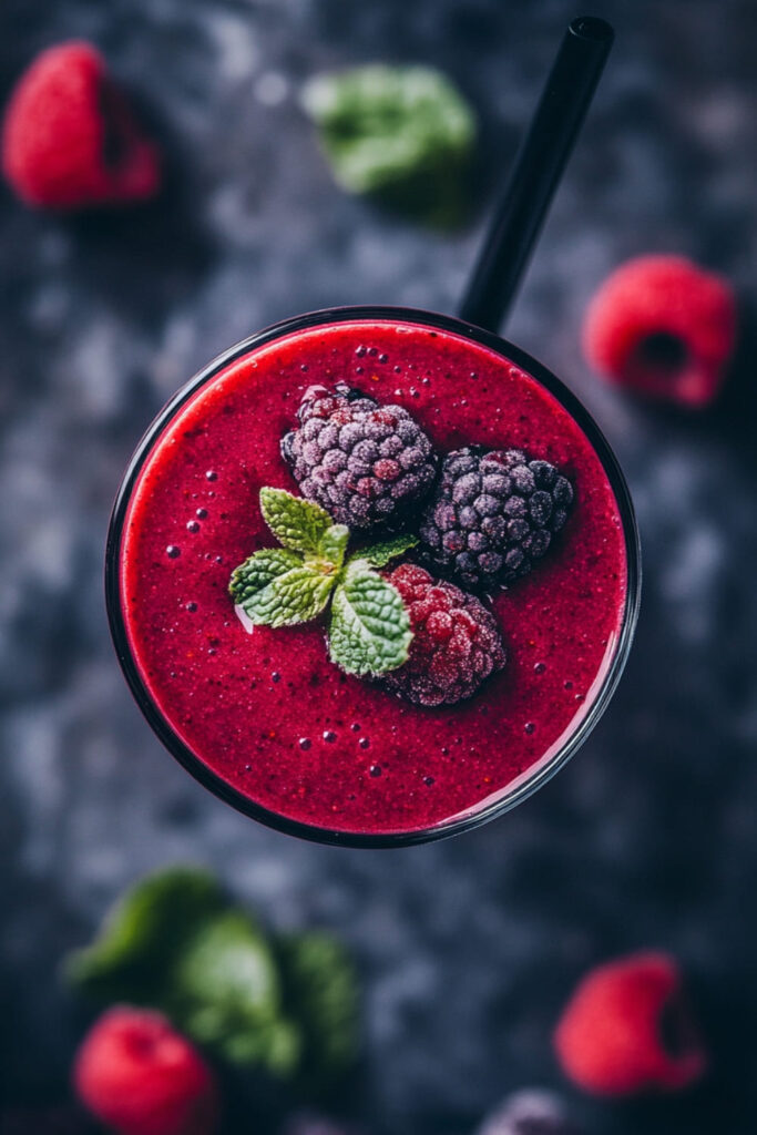 Top view of a vibrant berry smoothie in a glass, topped with a few frosty blackberries, a raspberry, and a sprig of fresh mint. The smoothie has a rich, deep red color, indicating the presence of nutrient-dense ingredients like berries and beets. The background is softly blurred with a few scattered berries, creating a focus on the refreshing, colorful drink. This low sugar vegan smoothie looks both delicious and energizing, perfect for a healthy and satisfying boost.