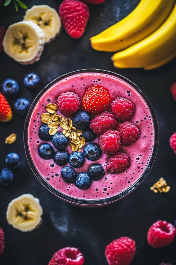 Top-down view of a vibrant berry smoothie topped with fresh raspberries, blueberries, and a sprinkle of oats. The smoothie has a rich, deep pink color and a creamy texture. Surrounding the glass are fresh bananas, strawberries, and more berries, highlighting the fresh, wholesome ingredients used in this plant-based breakfast smoothie recipe.