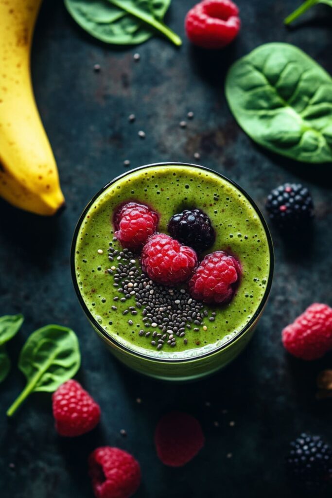 Vibrant green smoothie topped with fresh raspberries, blackberries, and chia seeds, surrounded by spinach leaves and a banana, perfect for a detoxifying and weight loss-friendly breakfast.