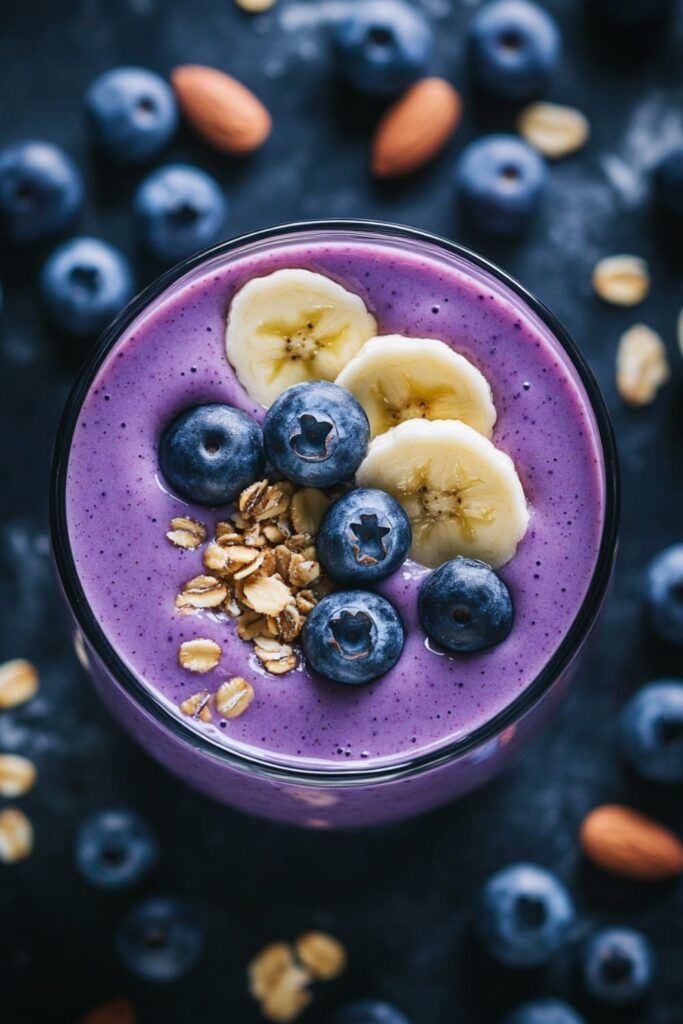 Delicious blueberry almond smoothie from sweet smoothie recipes, topped with fresh blueberries, banana slices, oats, and almonds, highlighting a creamy, antioxidant-rich blend with scattered almonds and blueberries in the background.