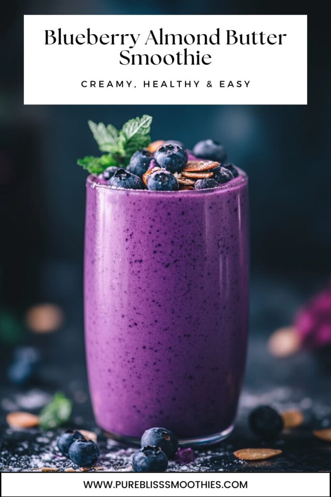 A vibrant purple blueberry almond butter smoothie topped with fresh blueberries, sliced almonds, and a sprig of mint. The smoothie is served in a tall glass, creating a creamy, healthy, and refreshing look, perfect for a nutritious snack or breakfast. The image emphasizes the rich color and texture of the smoothie, highlighting its fresh and wholesome ingredients.