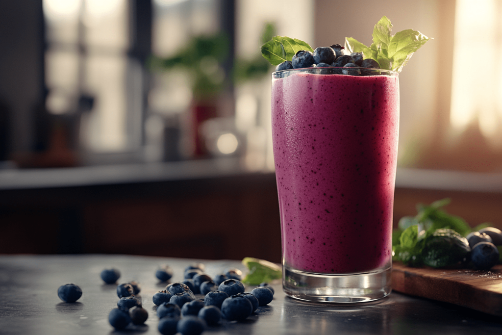 A tall glass of blueberry almond butter smoothie topped with fresh blueberries and mint leaves, sitting on a kitchen counter with scattered blueberries around. The smoothie has a rich, vibrant purple color, capturing the fresh and creamy texture of the blend. Sunlight softly illuminates the background, creating a warm and inviting atmosphere, perfect for enjoying this healthy and refreshing treat.