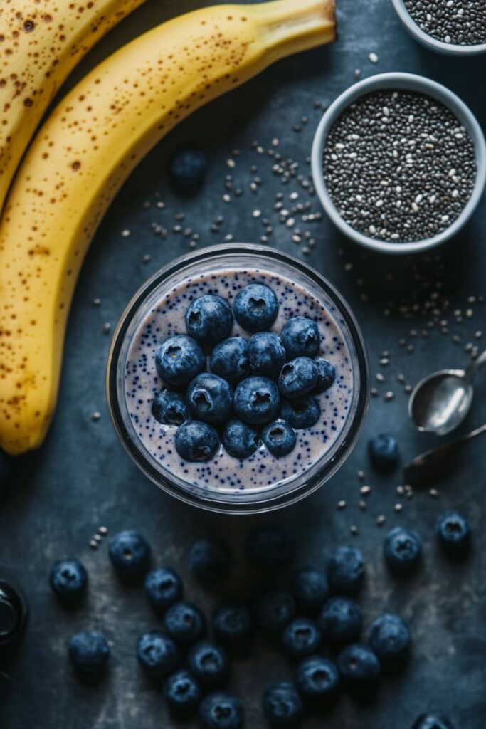 Healthy blueberry almond smoothie topped with fresh blueberries, surrounded by bananas and chia seeds, offering a nutritious and antioxidant-rich breakfast option.