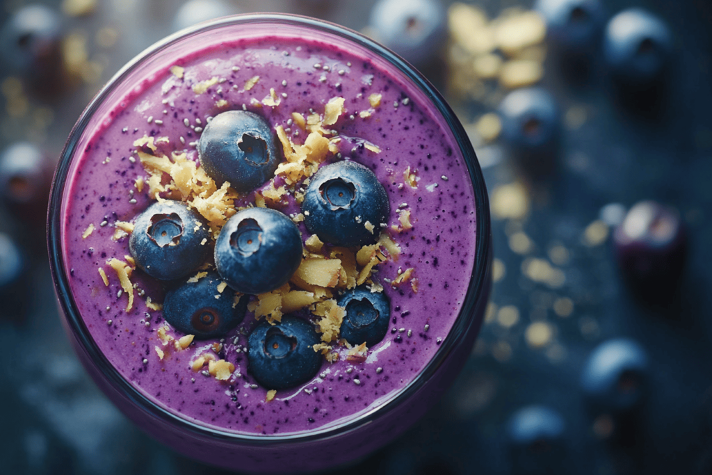  A close-up view of a blueberry ginger smoothie topped with fresh blueberries and a sprinkle of grated ginger. The smoothie has a rich purple color and is served in a clear glass, with additional blueberries scattered around, creating a fresh, vibrant, and appetizing presentation.