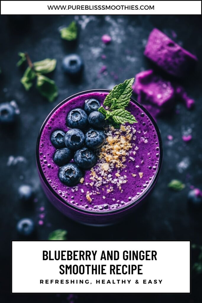 A vibrant blueberry ginger smoothie topped with fresh blueberries, grated ginger, and a sprig of mint, served in a clear glass. The smoothie has a rich purple color, presented with text promoting the recipe as "Refreshing, Healthy & Easy." The image gives a fresh and appetizing look, highlighting the delicious ingredients and health benefits.