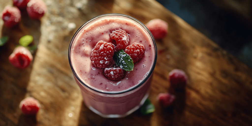 Refreshing pink smoothie topped with fresh raspberries and a sprig of mint, perfect for a nutritious and weight loss-friendly breakfast.