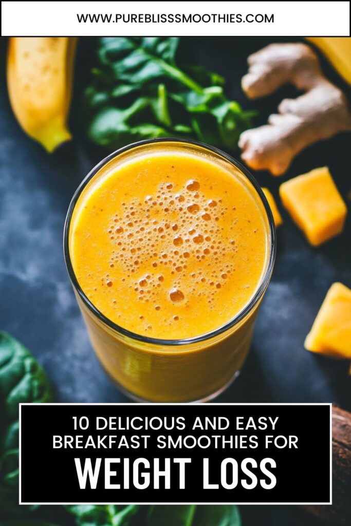 Bright orange smoothie surrounded by fresh spinach, banana, and ginger, with text overlay reading '10 Delicious and Easy Breakfast Smoothies for Weight Loss,' promoting healthy and tasty smoothie recipes.