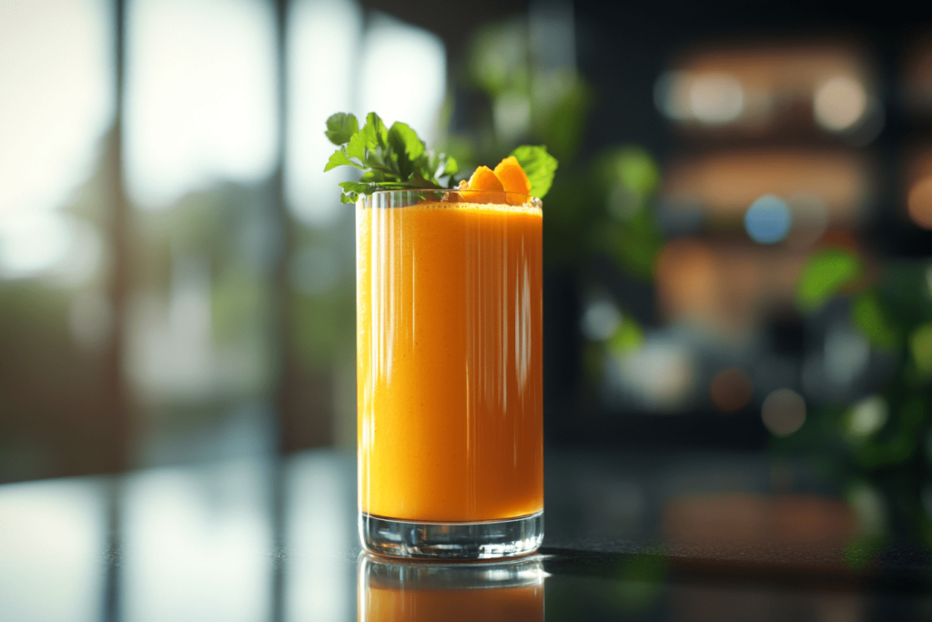 A tall glass of vibrant orange carrot and orange smoothie, garnished with fresh parsley and orange slices. The smoothie sits on a reflective surface with a blurred background, creating a fresh, inviting look perfect for a healthy, refreshing drink.