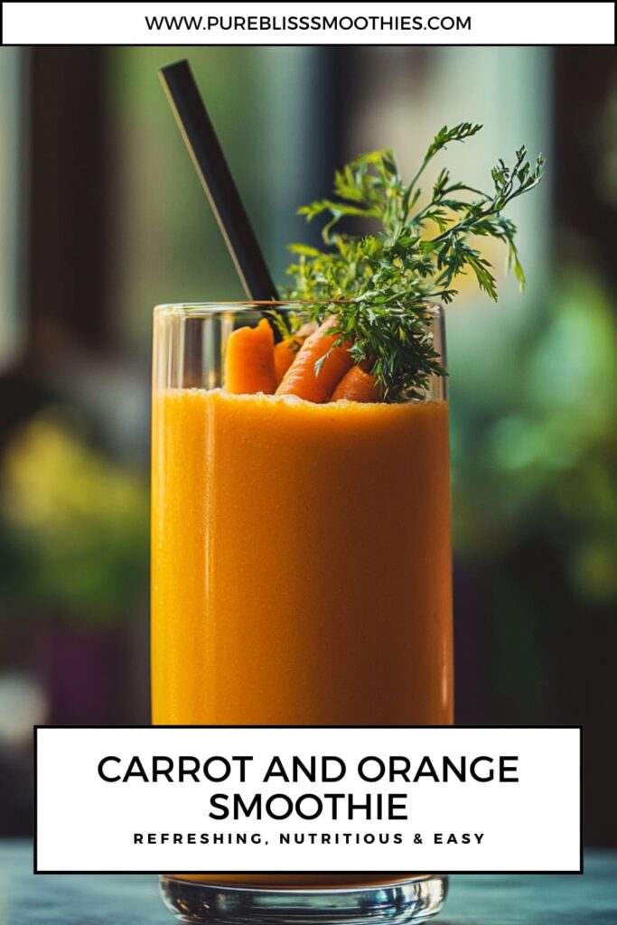 A tall glass of vibrant carrot and orange smoothie garnished with fresh carrot sticks and leafy greens, paired with a black straw. The image features the title 'Carrot and Orange Smoothie: Refreshing, Nutritious & Easy' with a website link at the top, set against a blurred, natural background.