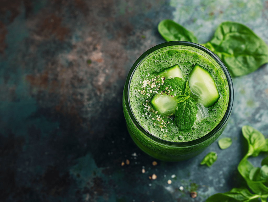 : A refreshing green celery cucumber spinach smoothie in a glass, topped with cucumber slices, mint leaves, and sprinkled seeds. The smoothie is surrounded by fresh spinach leaves on a textured dark surface, highlighting its vibrant color and nutrient-rich ingredients. Perfect for a healthy, energizing drink.