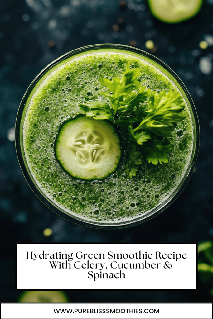 Top-down view of a vibrant green celery cucumber spinach smoothie in a glass, garnished with a fresh cucumber slice and parsley, set against a dark background. A healthy, hydrating green smoothie recipe perfect for detox, weight loss, and energy.