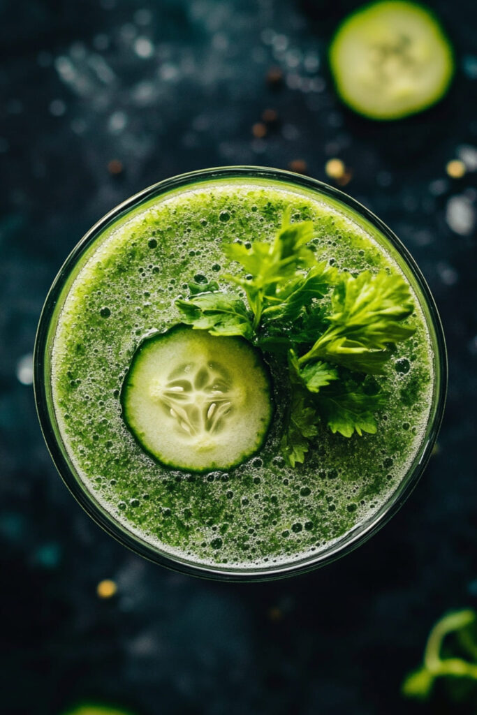 A vibrant green celery cucumber spinach smoothie topped with a fresh cucumber slice and parsley, showcasing its refreshing and nutrient-rich ingredients. The smoothie sits on a dark background with a close-up view, highlighting the smooth texture and fresh flavors of the green drink, perfect for detox, hydration, and energizing your day.