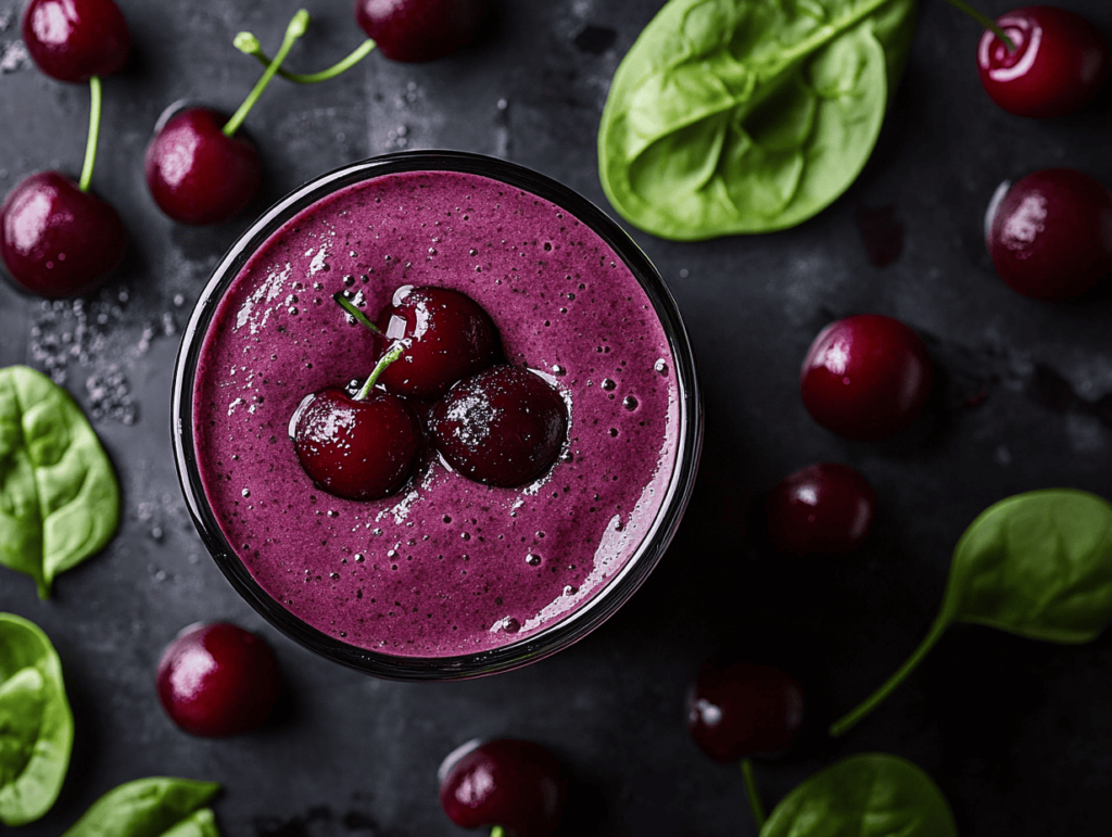 Vibrant cherry spinach smoothie topped with fresh whole cherries, surrounded by scattered spinach leaves and cherries on a dark background. A visually appealing, healthy drink option full of antioxidants and nutrients.