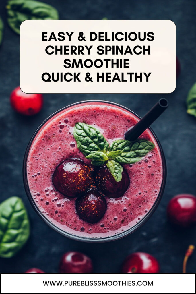 Easy and delicious cherry spinach smoothie with fresh cherries and spinach leaves, topped with a black straw. A healthy, quick smoothie recipe highlighted in bold text, perfect for a nutritious snack or meal.