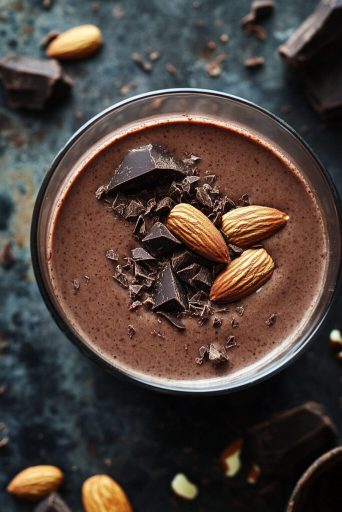 Rich and Creamy Chocolate Almond Protein Smoothie Garnished with Dark Chocolate Chunks and Whole Almonds – A Decadent Yet Nutritious Recipe Perfect for Satisfying Sweet Cravings and Post-Workout Fuel