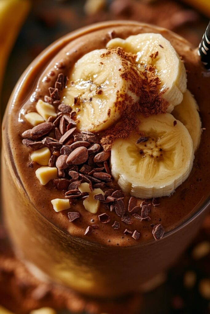 Close-up view of a rich chocolate banana smoothie topped with banana slices, cacao nibs, and white chocolate chips. The smoothie has a thick, creamy texture, combining the flavors of chocolate and banana for a decadent yet healthy treat. Sprinkled with cocoa powder, this plant-based breakfast smoothie is both indulgent and nutritious, perfect for a satisfying start to the day.