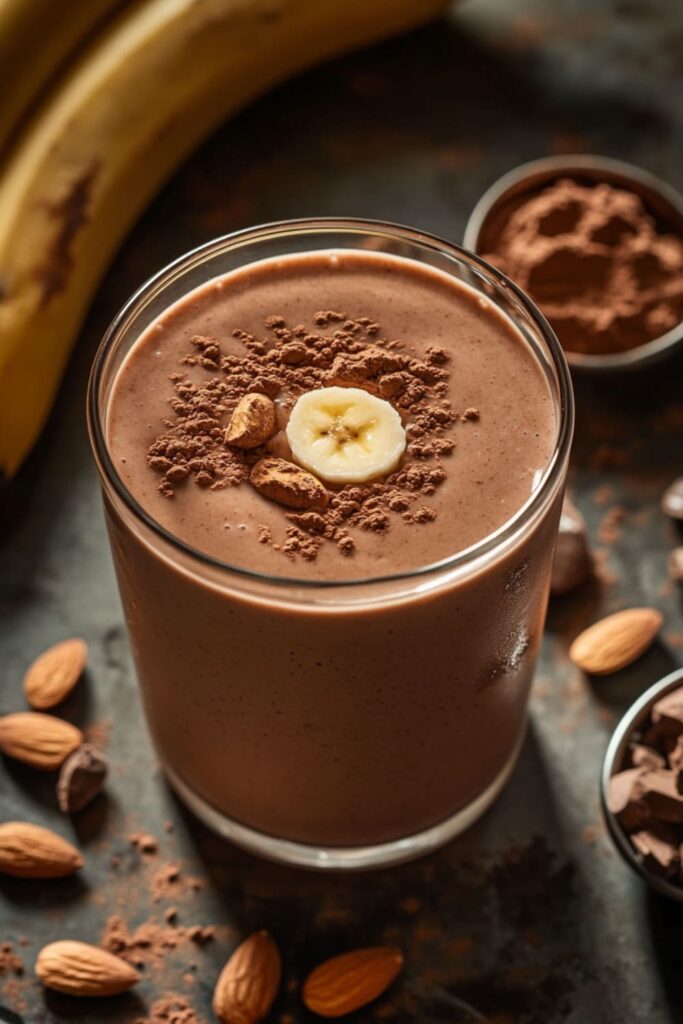 Indulgent chocolate banana smoothie topped with cocoa powder, almonds, and a banana slice, offering a rich and satisfying breakfast option perfect for weight loss.