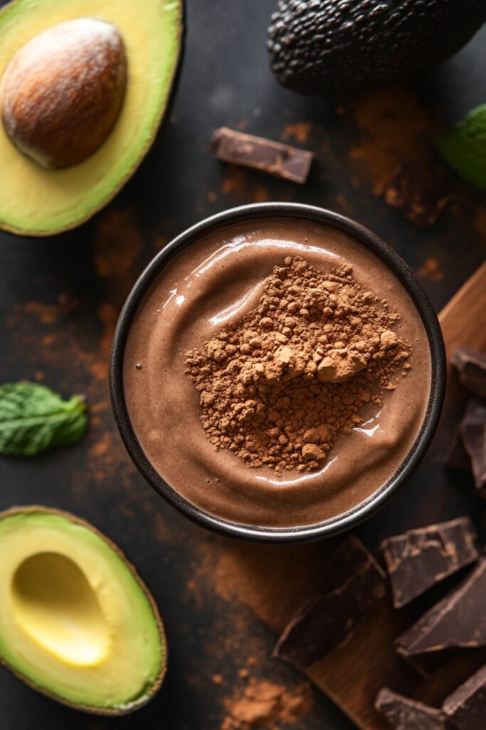 Top view of a creamy chocolate smoothie in a black bowl, topped with a generous sprinkle of cocoa powder. The smoothie has a thick, velvety texture, indicating a rich and indulgent blend of ingredients. Surrounding the bowl are fresh avocado halves, dark chocolate chunks, and mint leaves, highlighting the key components of this decadent yet healthy treat. This low sugar vegan smoothie looks like the perfect balance of creamy avocado goodness and rich chocolate flavor, ideal for a guilt-free dessert or satisfying snack.