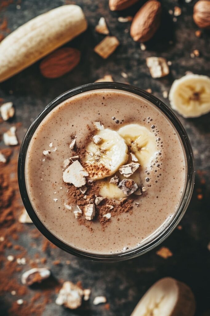 Rich and creamy chocolate peanut butter smoothie from sweet smoothie recipes, topped with banana slices, oats, and cocoa powder, surrounded by scattered almonds and banana slices on a rustic background, offering a decadent and nutritious treat.