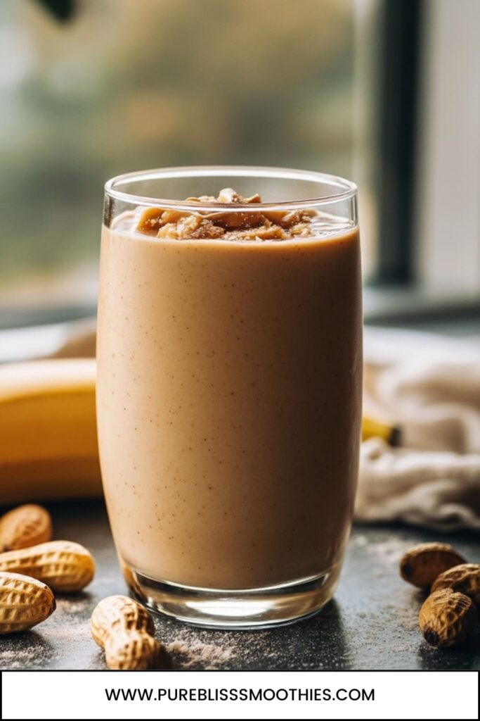 A smooth chocolate peanut butter protein smoothie, topped with a sprinkle of chopped peanuts, served in a tall glass. The smoothie is creamy with a rich texture, surrounded by whole peanuts and a banana, making it a delicious and satisfying option for peanut butter smoothies for weight loss. Ideal for a post-workout treat or meal replacement.