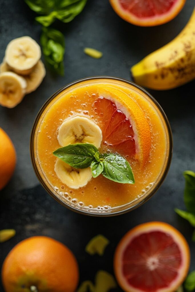 Vibrant citrus smoothie garnished with banana slices, blood orange, and fresh basil leaves, offering a refreshing and energizing breakfast option.