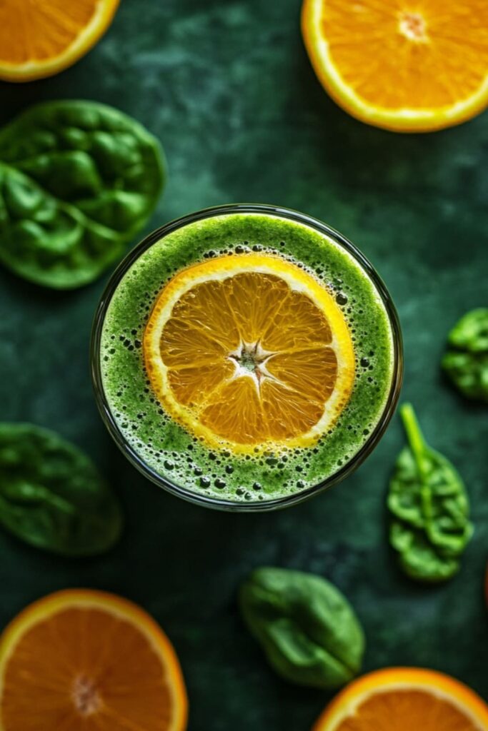 Top view of a vibrant citrus green tea smoothie topped with a fresh orange slice. Surrounded by bright orange halves and fresh spinach leaves, this smoothie combines the zesty flavor of citrus with the refreshing taste of green tea, creating a visually striking and healthy, very low-calorie drink perfect for a refreshing boost.