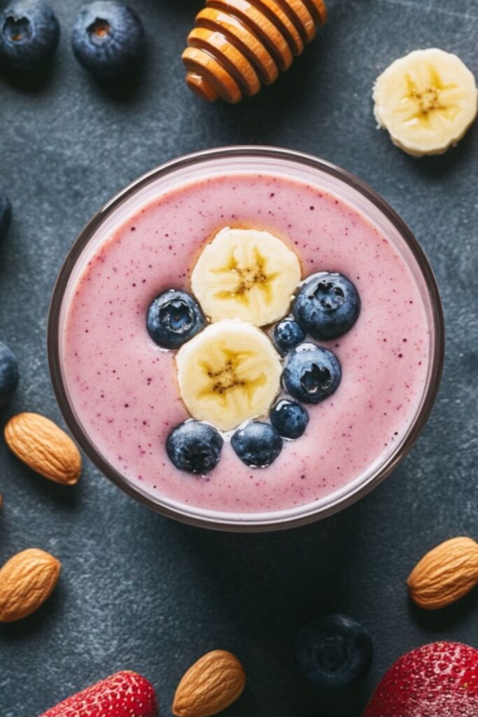 Classic banana berry smoothie from sweet smoothie recipes, topped with fresh banana slices and blueberries, surrounded by almonds, honey, and berries on a dark surface, highlighting a nutritious and refreshing blend.