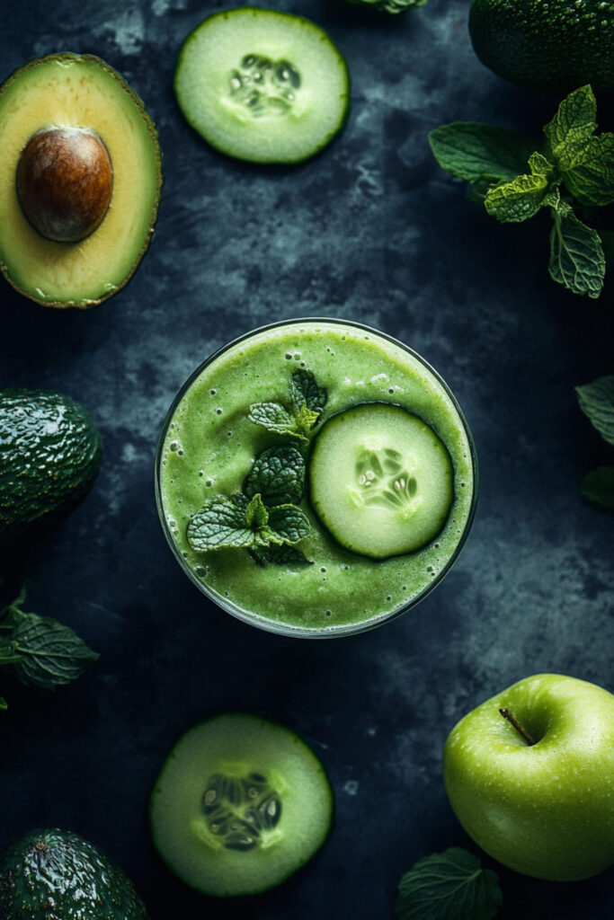 Top view of a refreshing green smoothie in a glass, garnished with a cucumber slice and fresh mint leaves. The smoothie has a thick, creamy texture, highlighting its rich avocado base. Surrounding the glass are fresh ingredients, including an avocado half, cucumber slices, a green apple, and mint sprigs, emphasizing the fresh and natural components used in the smoothie. The deep green tones and smooth surface make this low sugar vegan smoothie look both nutritious and delicious, perfect for a healthy and satisfying treat.