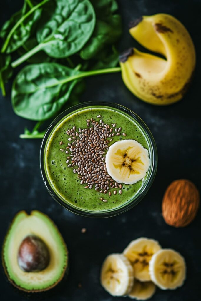 Rich and creamy green smoothie made with avocado, spinach, banana, and chia seeds, ideal for a nutritious and filling breakfast smoothie for weight loss.