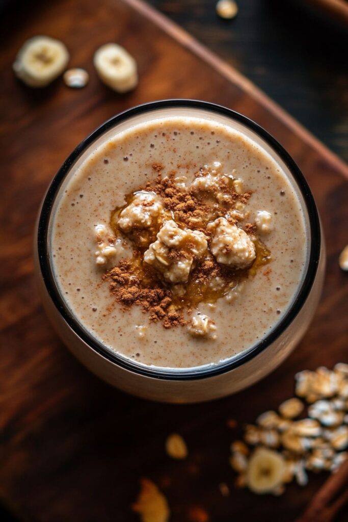 Top-down view of a creamy oatmeal smoothie in a glass, topped with a dollop of oatmeal, a drizzle of syrup, and a sprinkle of cinnamon. The smoothie has a smooth, velvety texture and a light beige color, reflecting its wholesome ingredients like oats and bananas. Scattered oats and banana slices on the wooden surface around the glass emphasize the comforting and hearty nature of this plant-based breakfast smoothie.