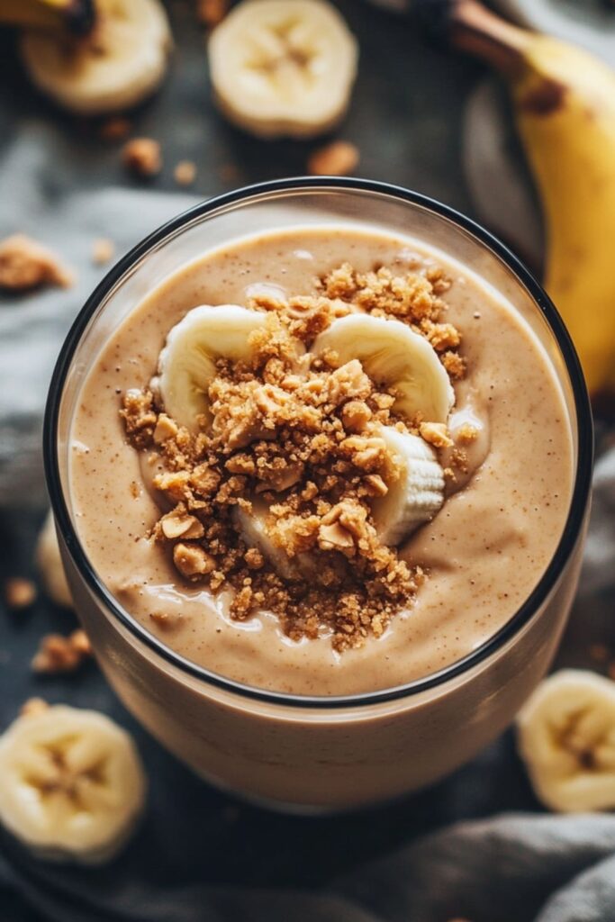 Creamy Peanut Butter Banana Smoothie Topped with Sliced Bananas and Crushed Peanuts – A Rich and Indulgent Vegan Smoothie Recipe Perfect for Breakfast or a Post-Workout Treat