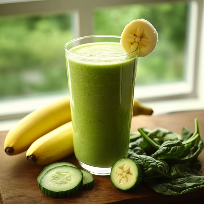 Glass of cucumber banana spinach smoothie on a wooden surface with fresh bananas, cucumber slices, and spinach leaves beside it.