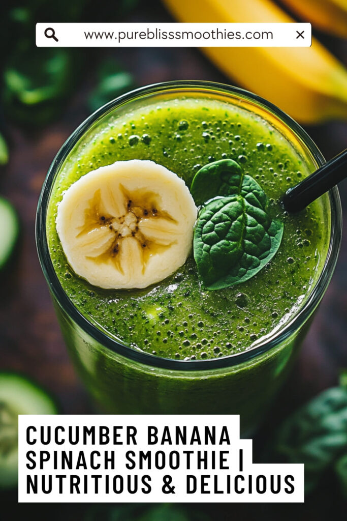 Close-up of a green cucumber banana spinach smoothie in a glass, topped with a banana slice and spinach leaf