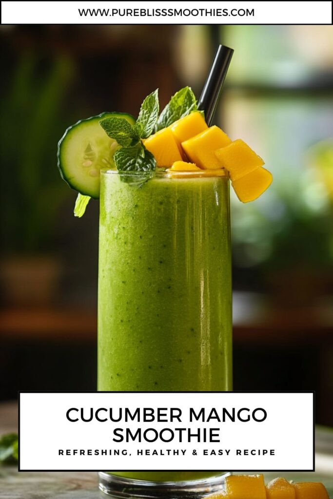 A tall glass of vibrant green cucumber mango smoothie, topped with fresh mango cubes, a cucumber slice, and a mint garnish. The smoothie has a creamy, refreshing appearance, with a black straw peeking out from the top. The image is captioned with the text "Cucumber Mango Smoothie - Refreshing, Healthy & Easy Recipe," against a blurred background, giving a fresh and healthy vibe.