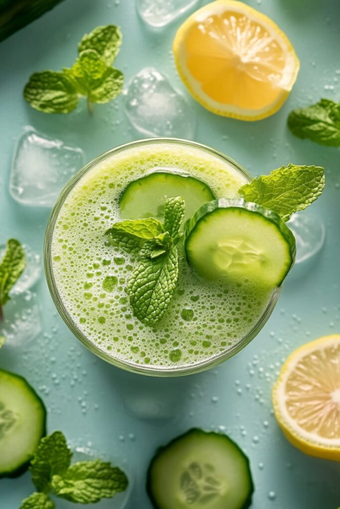 Top view of a refreshing cucumber mint smoothie, garnished with fresh cucumber slices and mint leaves. The vibrant green smoothie is surrounded by ice cubes, lemon slices, and additional mint leaves, creating a cool, invigorating scene perfect for a low-calorie, hydrating treat.