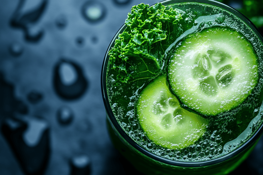 Close-up of a vibrant cucumber and kale smoothie topped with fresh cucumber slices and kale, highlighting its rich green color and refreshing, healthy ingredients. A perfect detoxifying and hydrating drink.