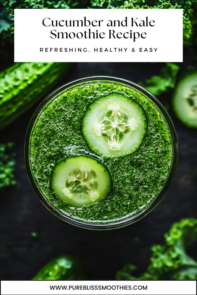 Cucumber and Kale Smoothie Recipe - A refreshing, healthy, and easy green smoothie topped with cucumber slices, presented in a vibrant glass. Ideal for a nutritious and detoxifying drink.